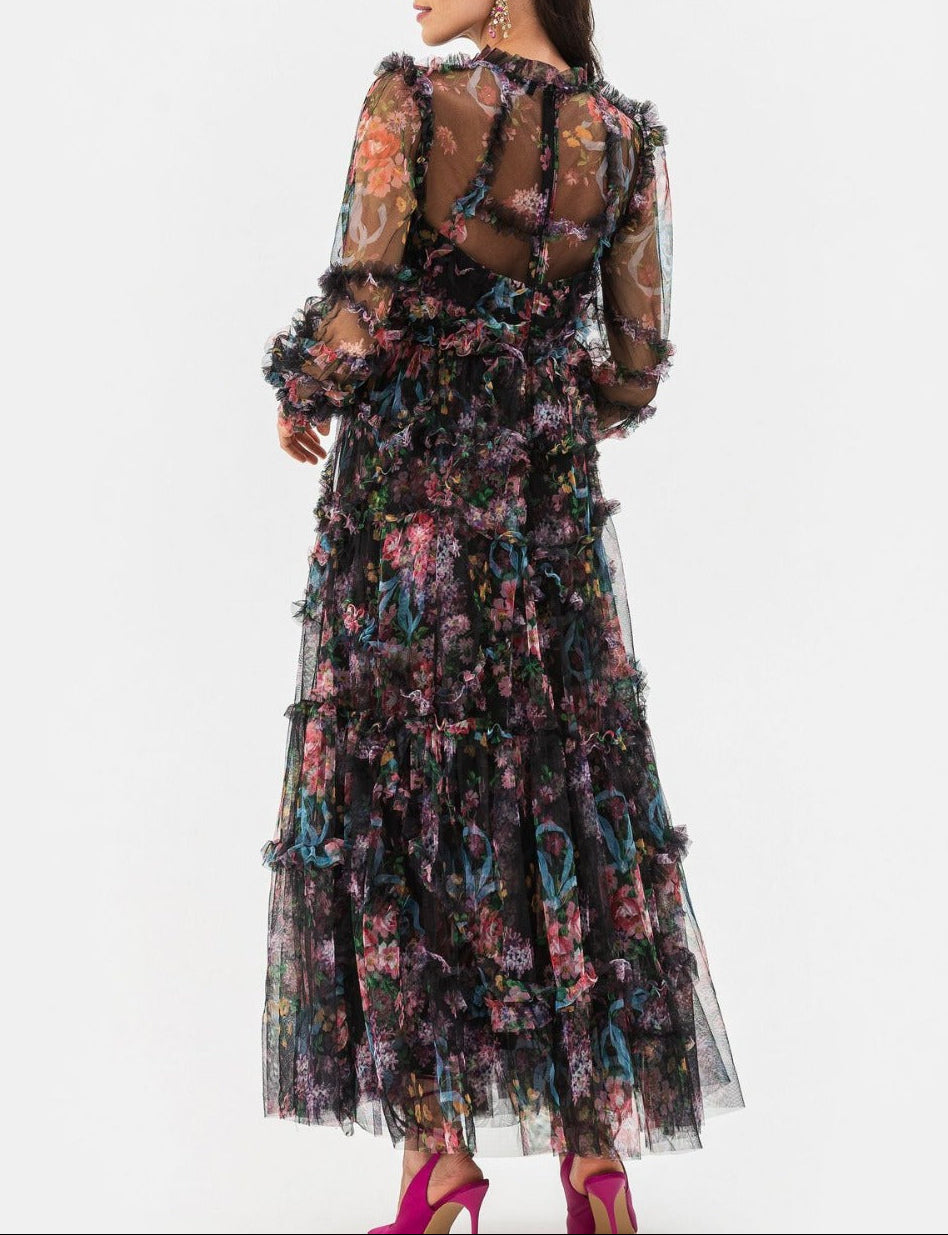 sheer floral tiered tulle gown – FIORELLA