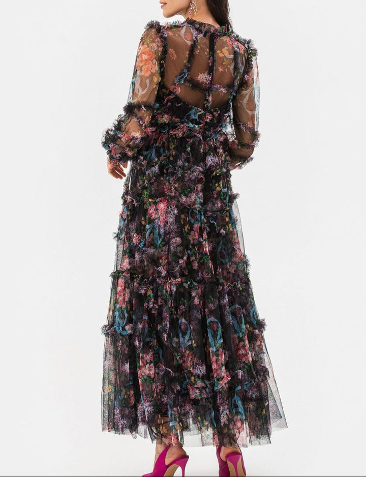 sheer floral tiered tulle gown – FIORELLA