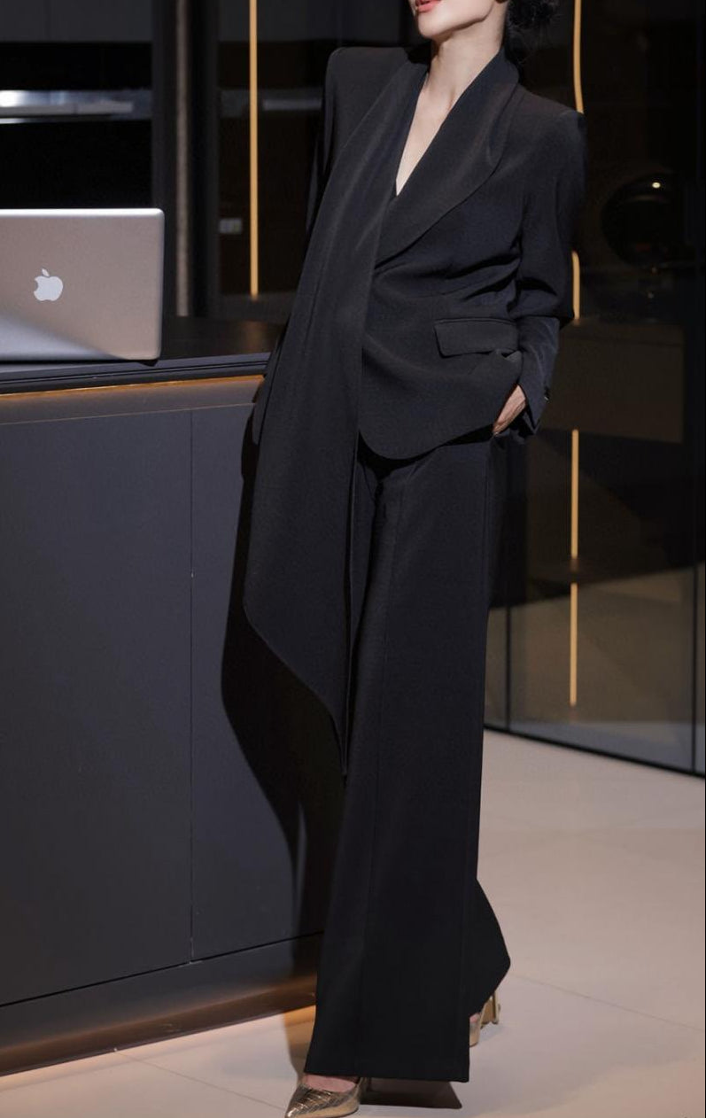 tailored wide-leg pantsuit with draped lapel blazer – ASTER