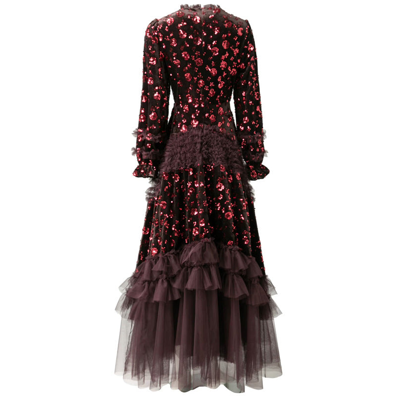 velvet sequin gown with layered tulle hem – MARCELLINA