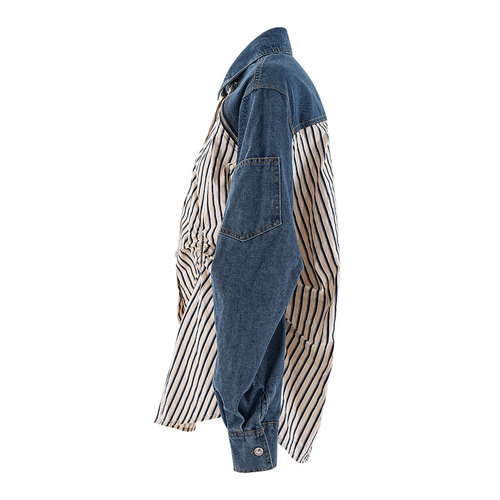 Striped Denim Panel Shirt with Cinched Waist – NOVA