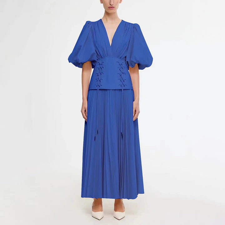 Geplooide top met uitlopende mouwen en maxi-rok set met tailleband – Rosiny 