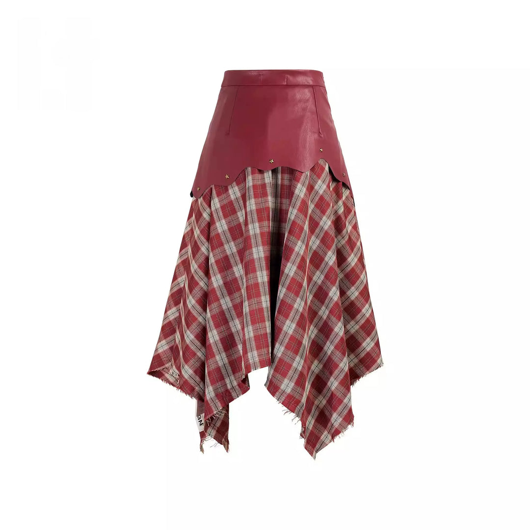 Faux Leather Plaid Handkerchief Midi Skirt - Rouge