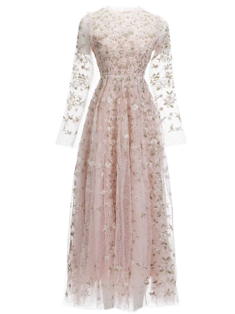 embroidered tulle midi gown with long sleeves – ORYVLA