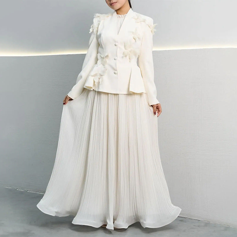 تنورة ماكسي مطوية مع سترة ثلاثية الأبعاد بنقشة الفراشة – أزرق سماوي