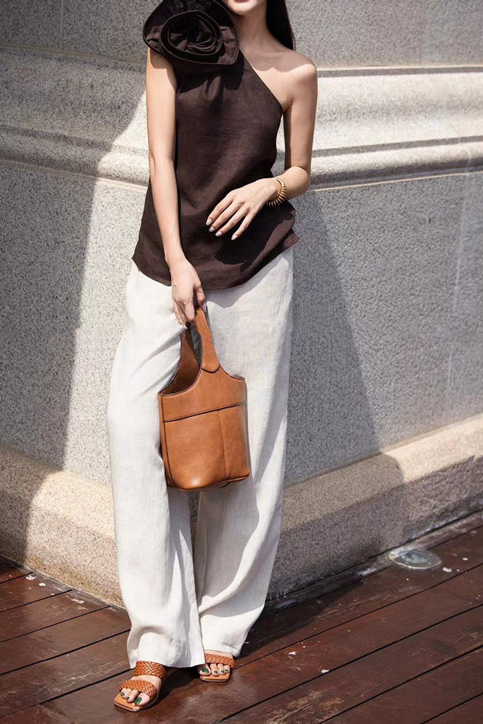 one-shoulder draped top with wide-leg linen trousers – IVORY