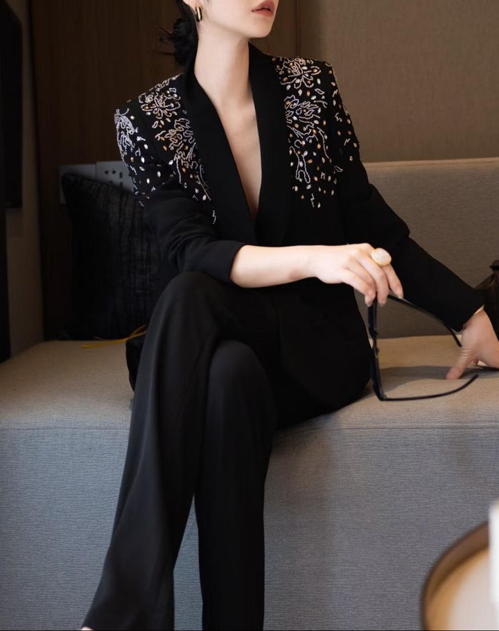 embellished-shoulder tailored blazer set – ASTERA