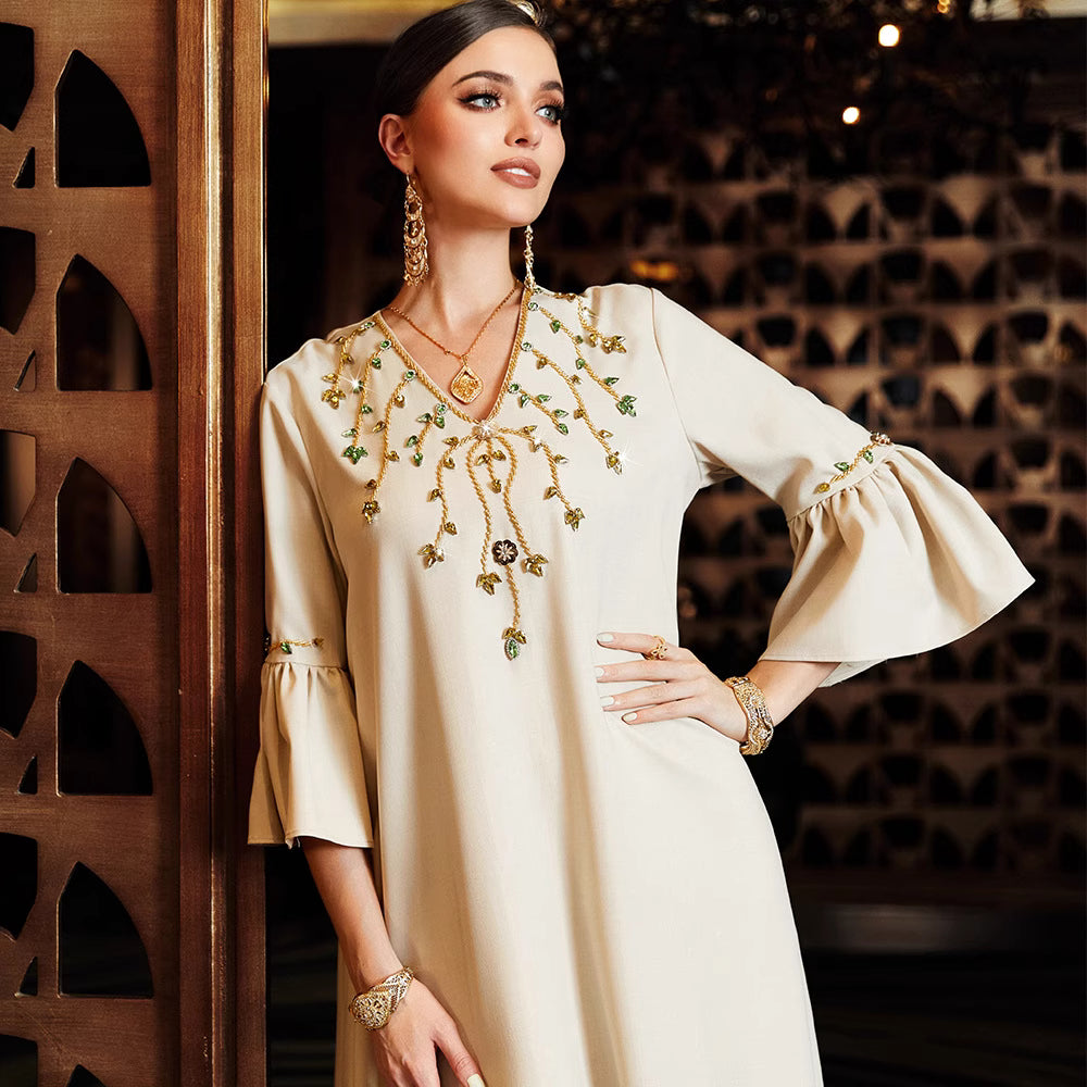 flared sleeve maxi dress with floral embroidery - NURAZI