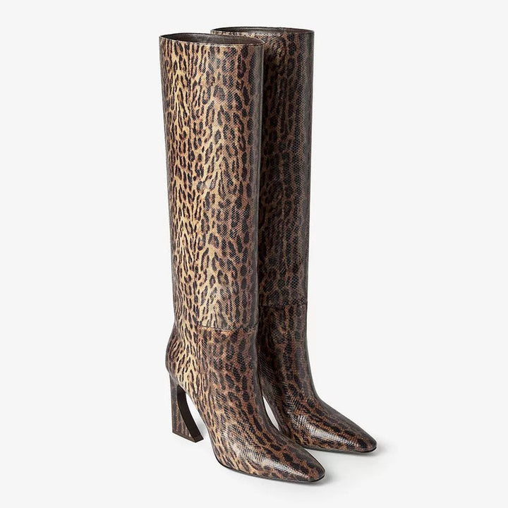 caramel knee-high leather boots with curved heel – SIENNA