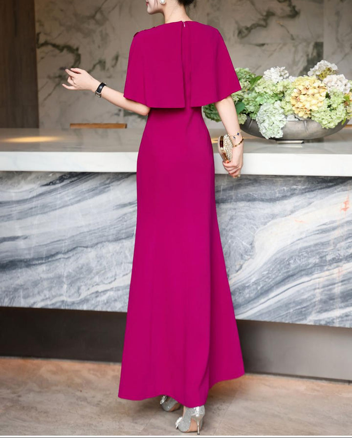 cape-shoulder mermaid dress with embellished neckline – FUCHSIA