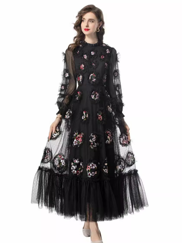 embroidered tulle gown with 3D floral appliqués – ELODIE