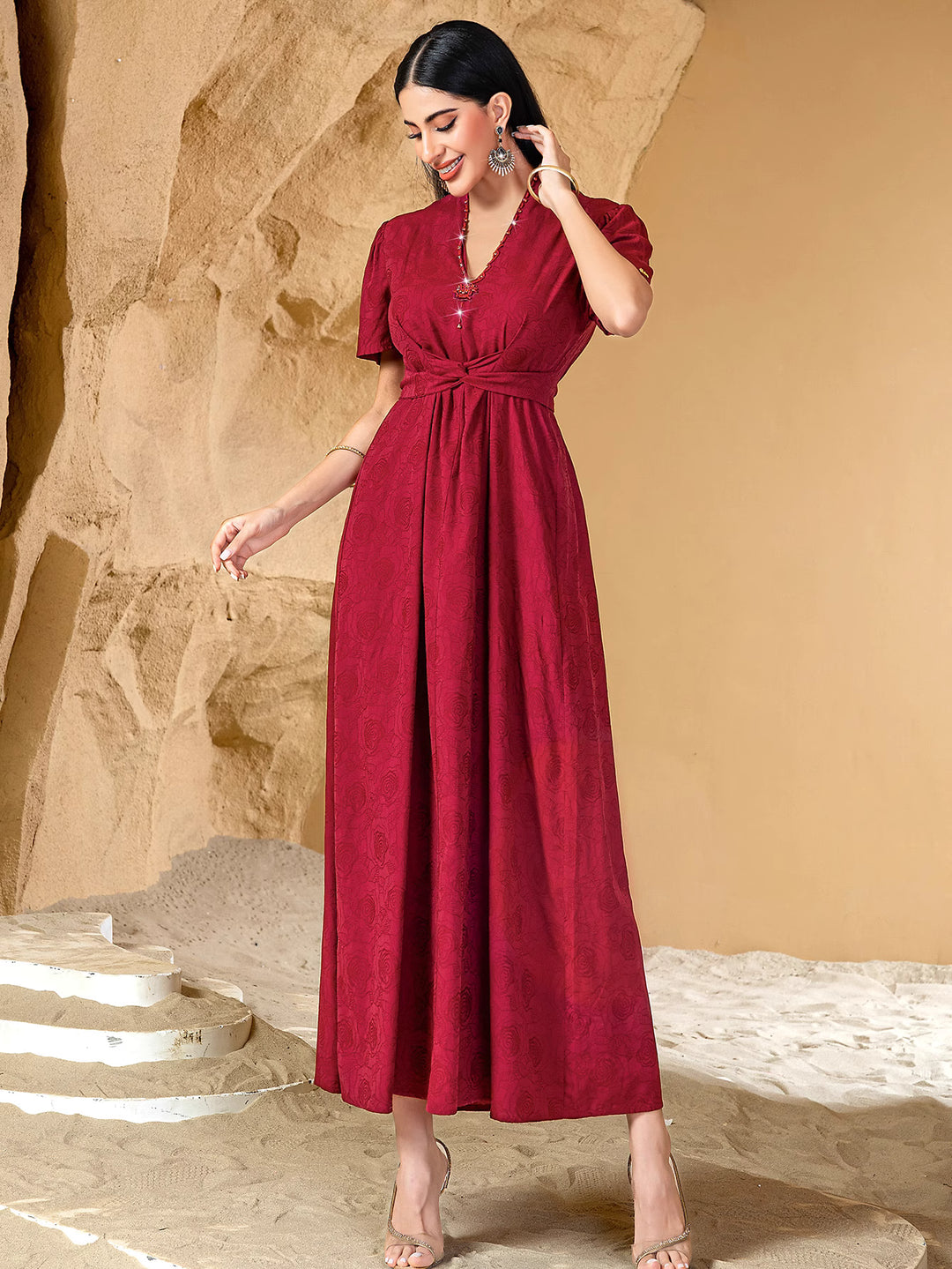 short-sleeve jacquard dress with open abaya - AMARAK