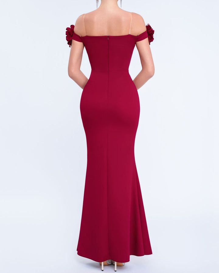 فستان عمودي مكشوف الكتفين بأكمام مزهرة وشق أمامي – أماراكسيا