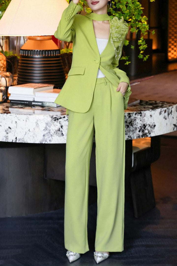 tailored wide-leg suit with floral shoulder accent – LIMEA