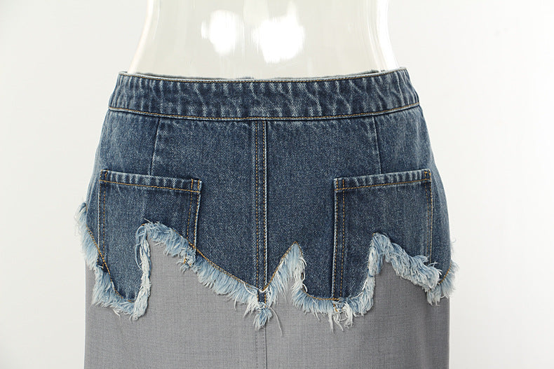 High-waist midi skirt with denim panel and raw-edge detail – DENYRA