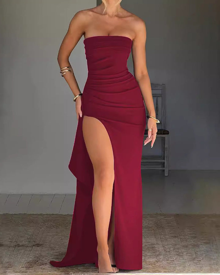 strapless draped gown with high slit – AURONGA