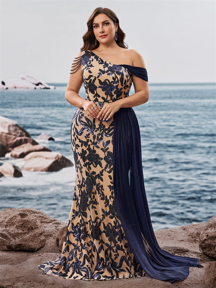 one-shoulder floral gown with draped chiffon cape – DALIRA