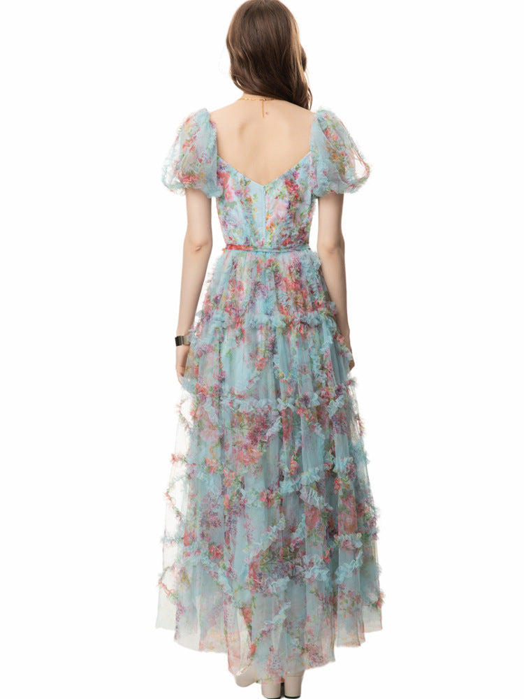 puff sleeve tiered tulle gown with floral appliqué - AUROZRA