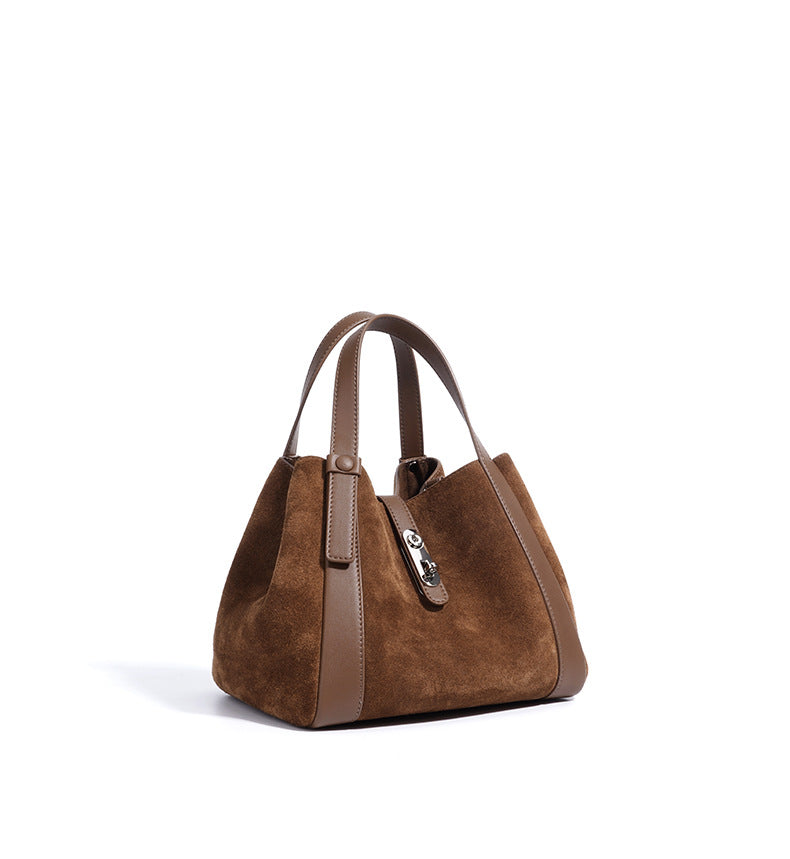 suede tote bag with leather trim and clasp – NOELLEVU