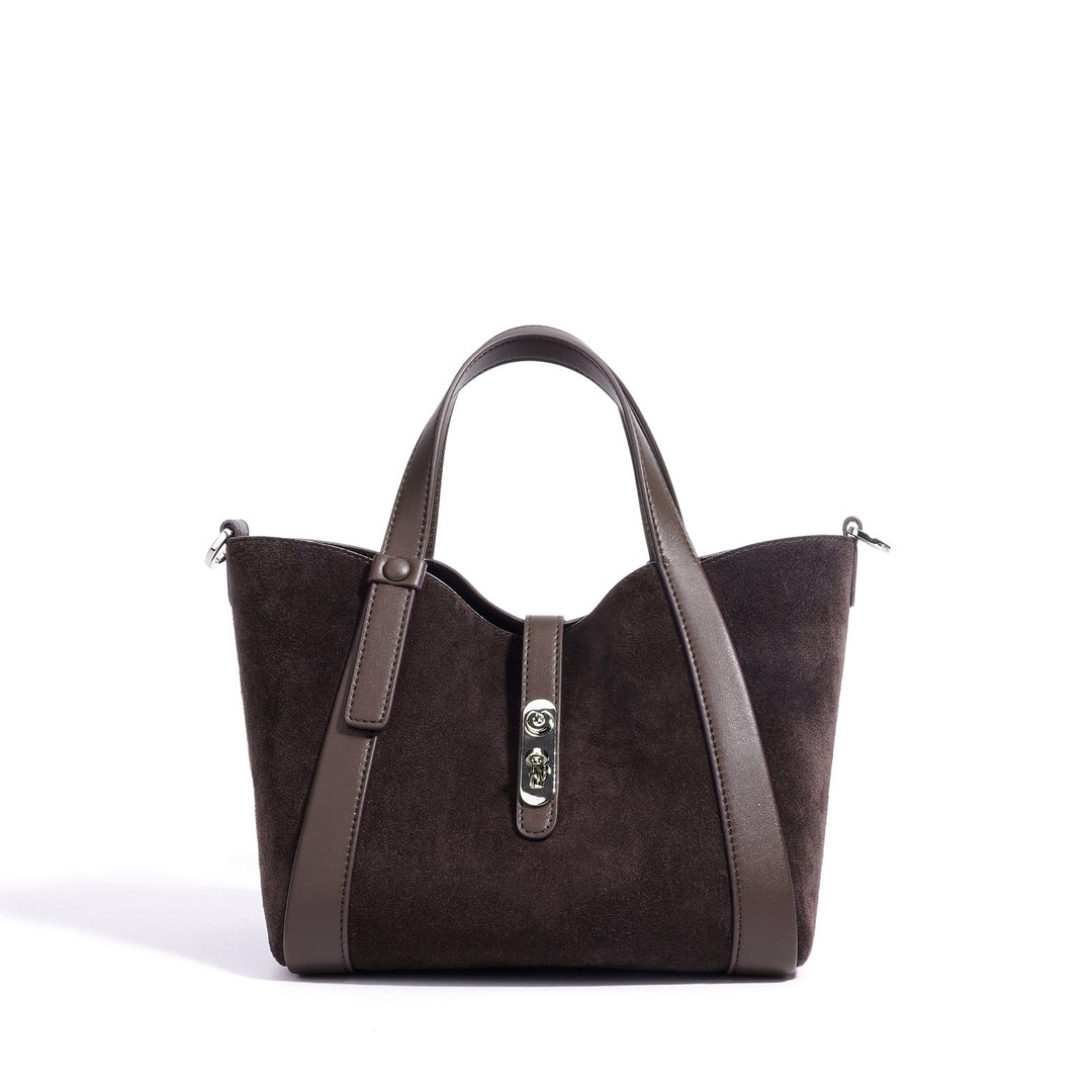 suede tote bag with leather trim and clasp – NOELLEVU