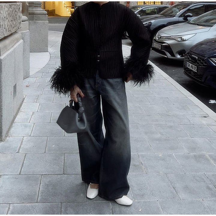 جاكيت مبطن بأكمام مزينة بالريش - بوغتار