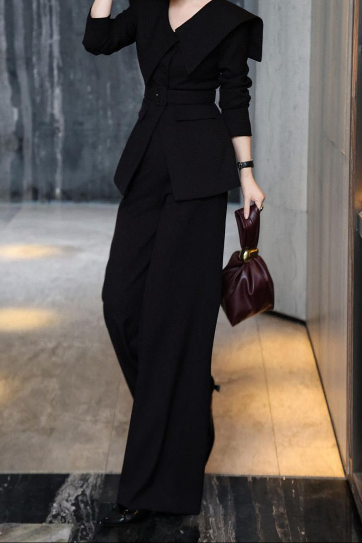 structured wide-leg jumpsuit with sculpted shawl collar – VANTEA