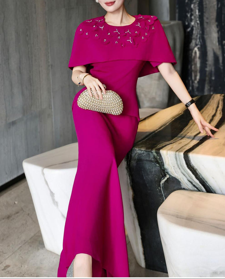 cape-shoulder mermaid dress with embellished neckline – FUCHSIA