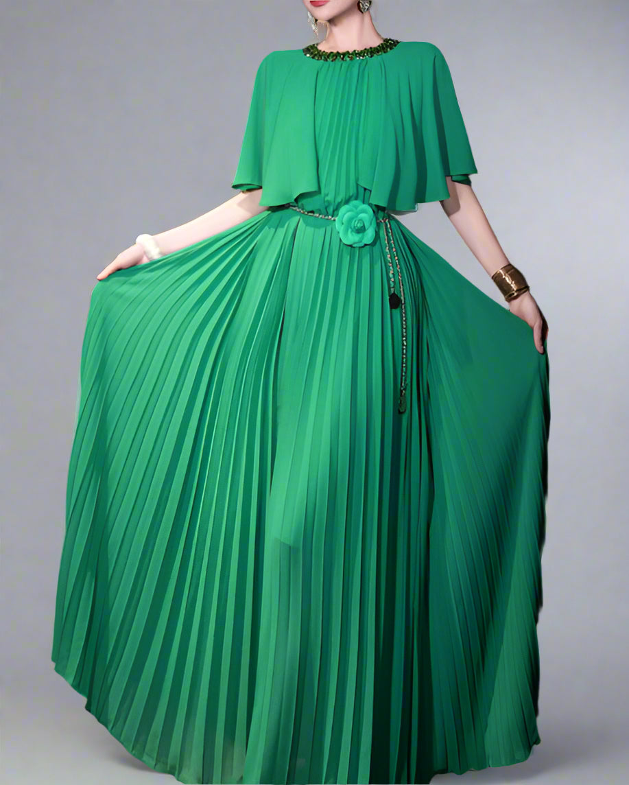 pleated cape-sleeve maxi dress with floral belt - AURORAD