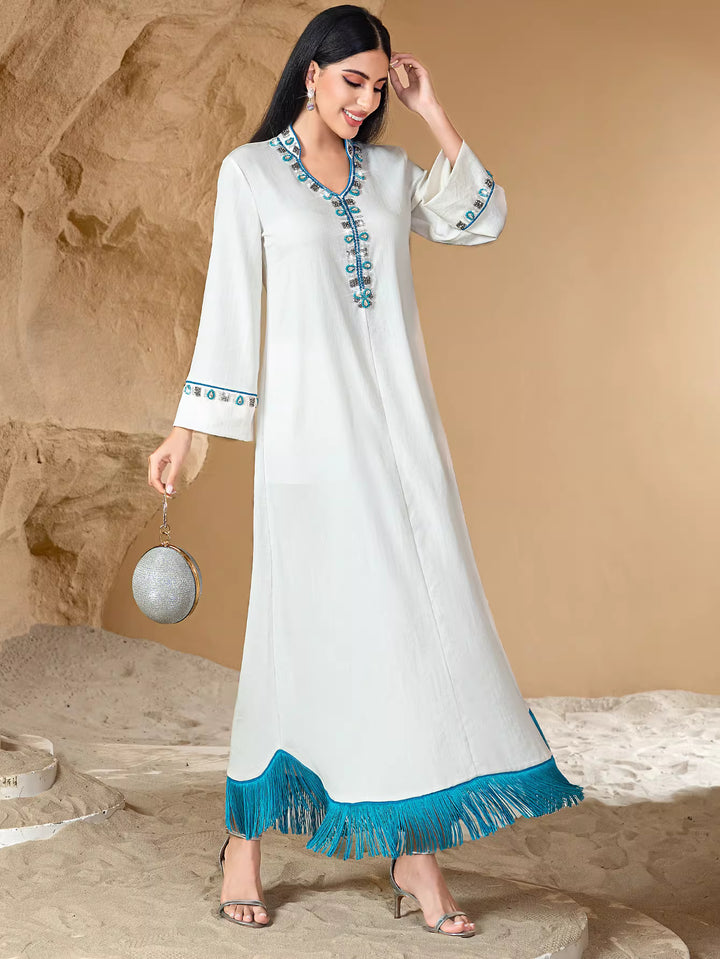 Embroidered White Maxi Dress with Fringe Hem – AZURA