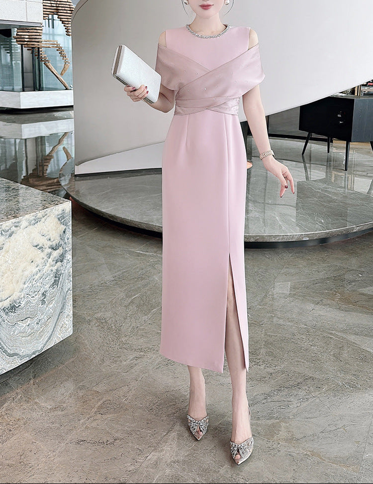 cold-shoulder column dress with satin drape – RUBINA