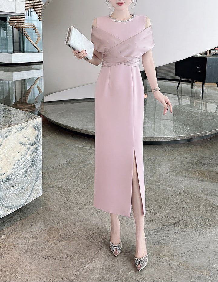 cold-shoulder column dress with satin drape – RUBINA