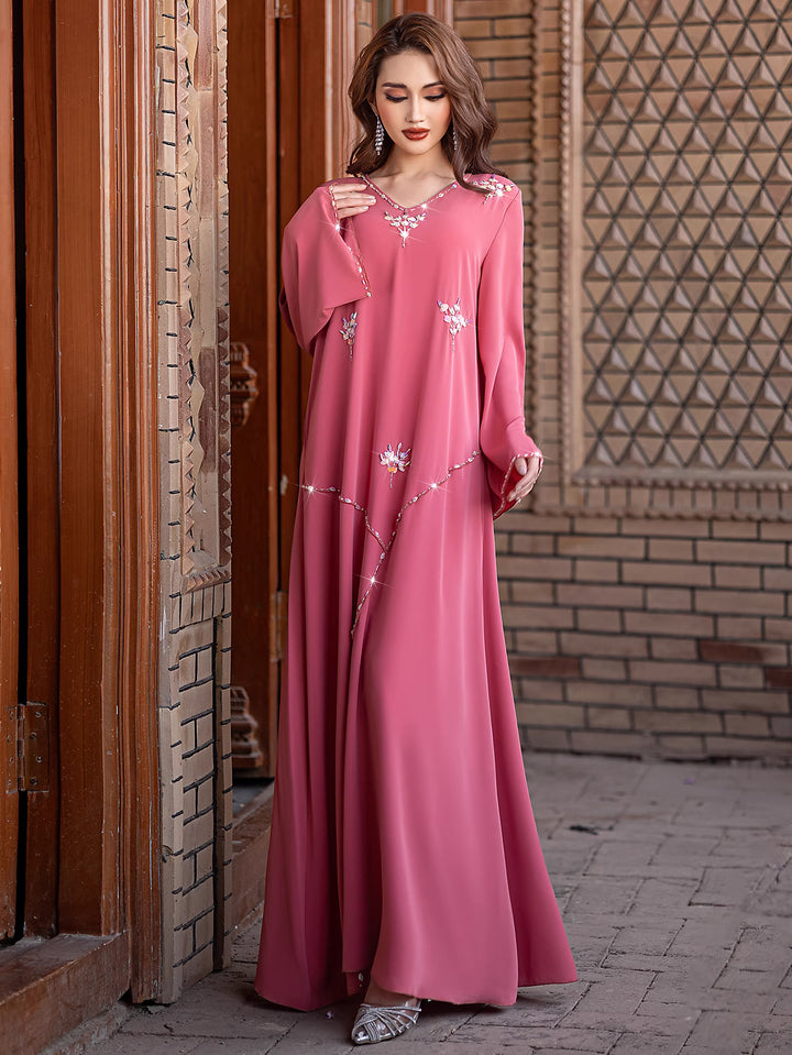 flared sleeve column dress with crystal floral embroidery - ZAYNA