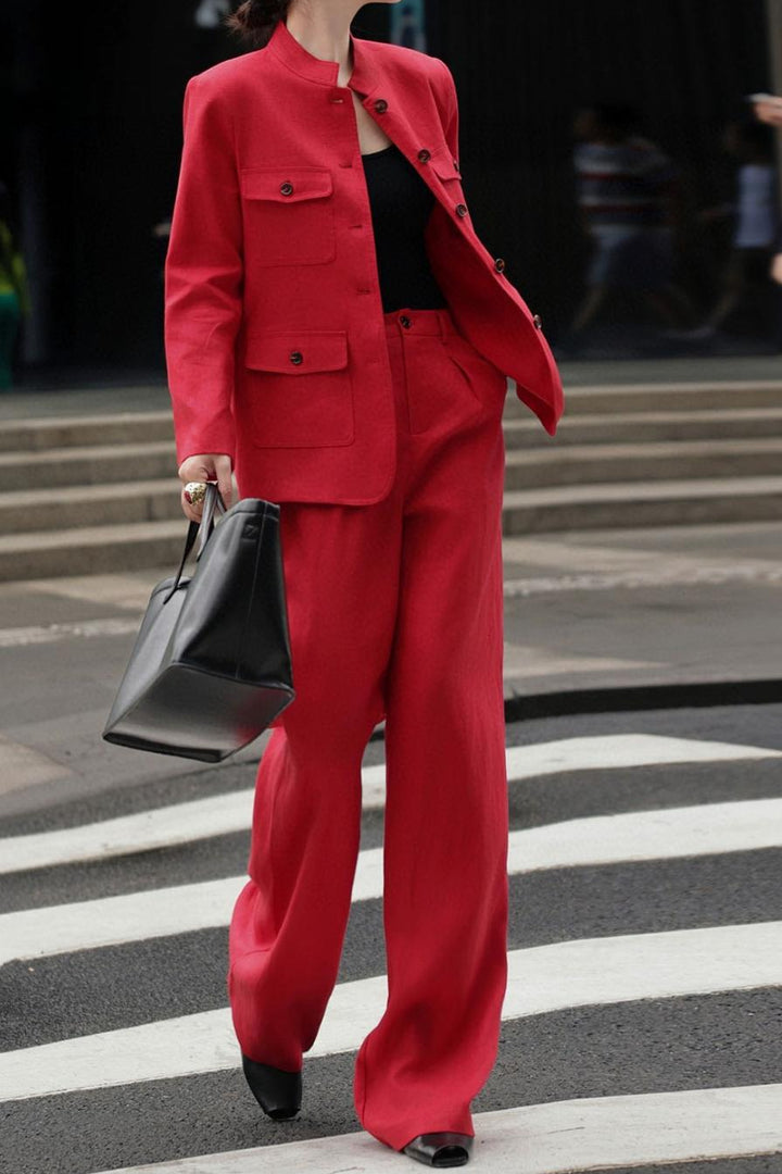 سترة بليزر بياقة ماندرين وحزام مع بنطلون واسع الساق - روزيتا