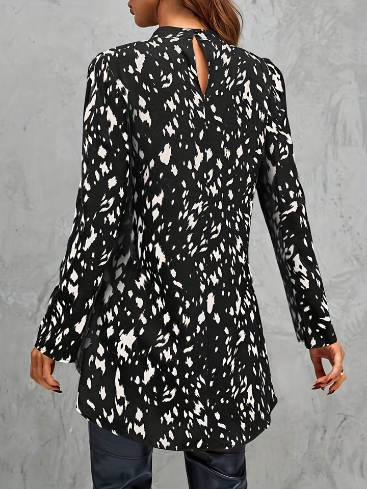 High-Neck Printed Blouse with Flared Hem – FLAIR