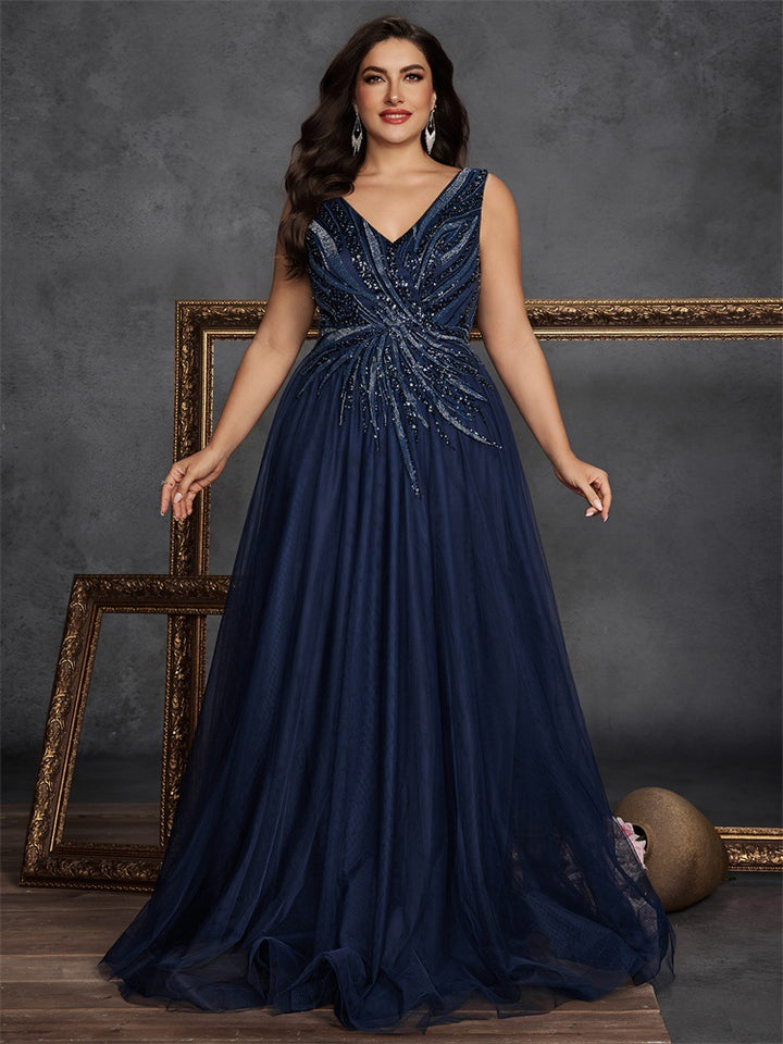 sleeveless tulle gown with beaded bodice – MIDNIGHT