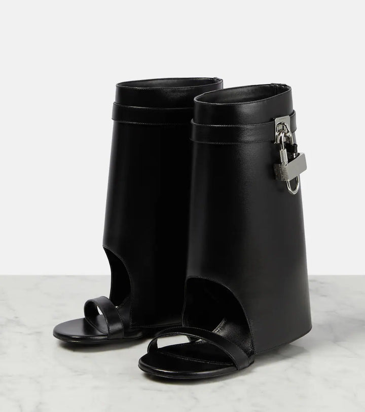 open-toe leather wedge boots with padlock detail – LUXE VAULT