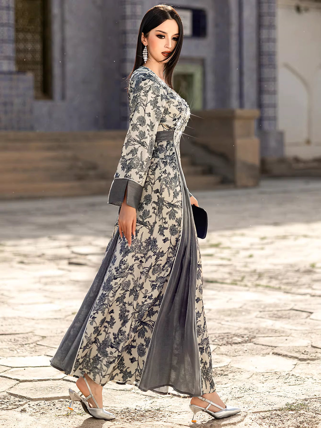 Printed Maxi Dress with Flared Sleeves and V-Neck – AURELLE