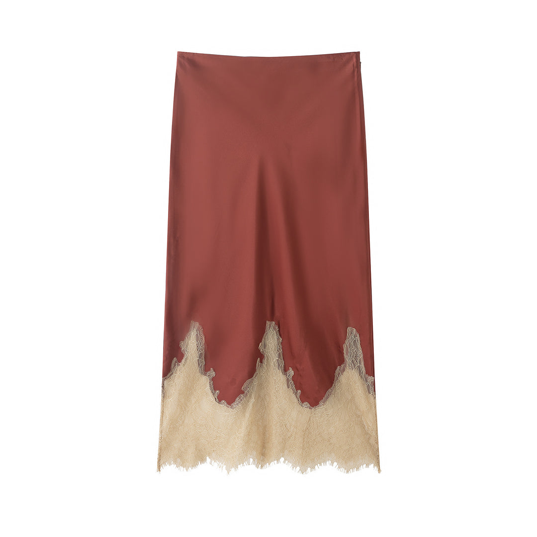 satin midi skirt with lace hem – SERAPHINE