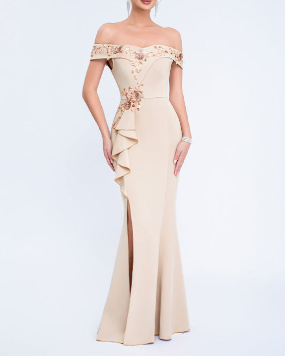 off-shoulder gown with floral appliqué and side ruffle – SERENATJI