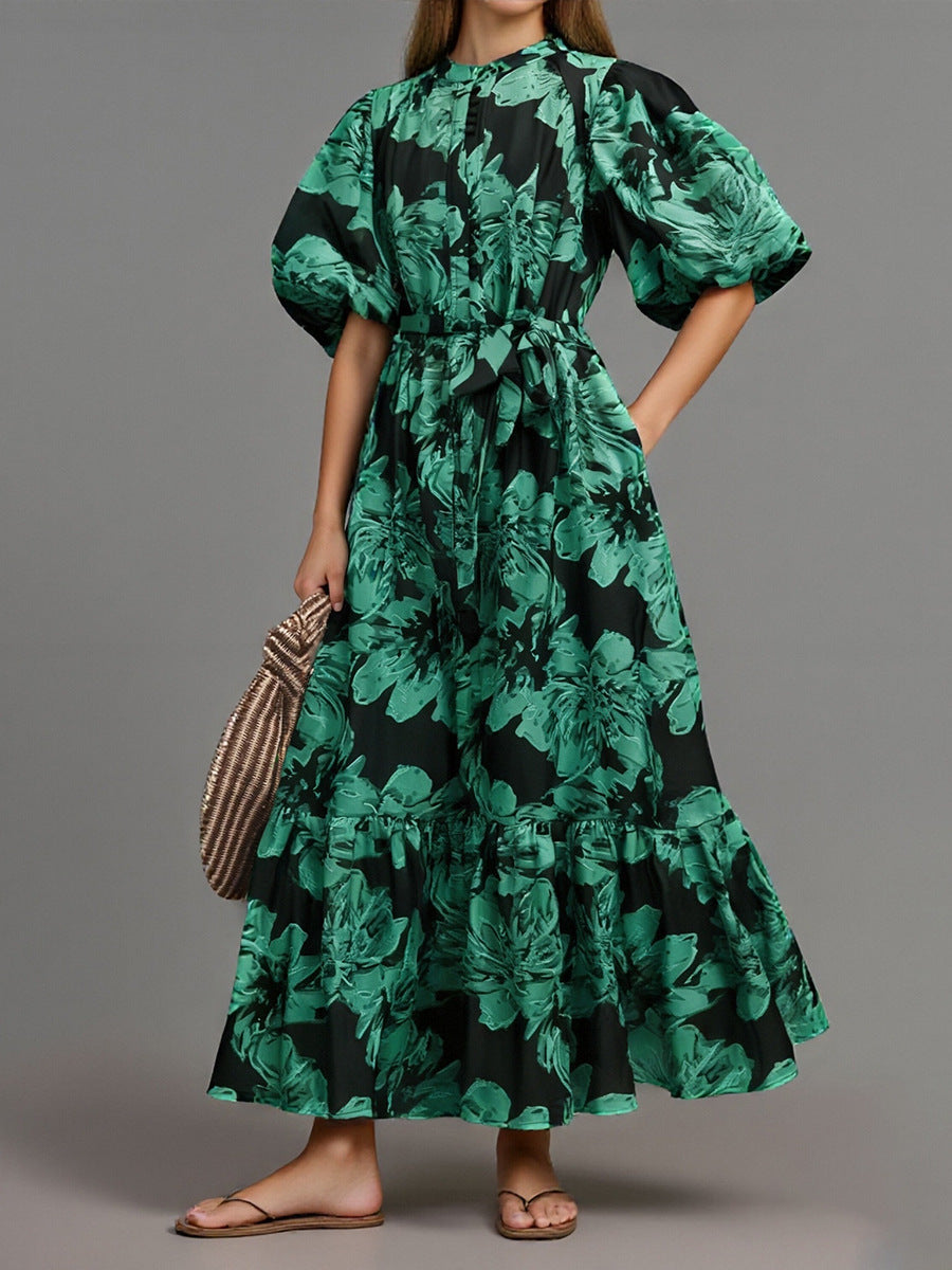 puff-sleeve floral midi dress with belted waist – IVYNZI