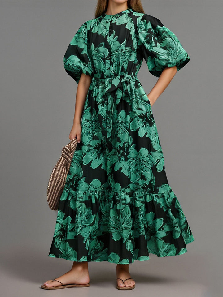 puff-sleeve floral midi dress with belted waist – IVYNZI