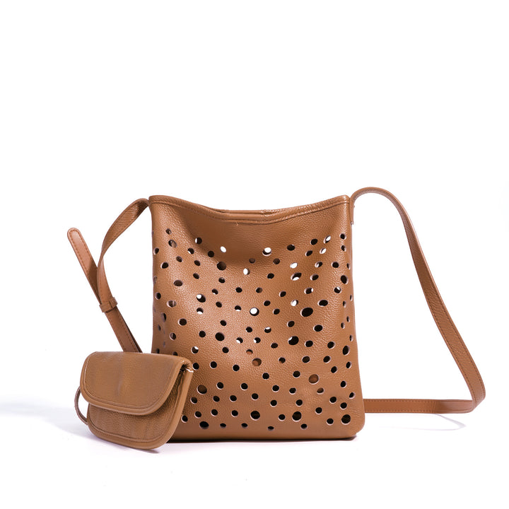 perforated leather shoulder bag with mini pouch – AURATIX
