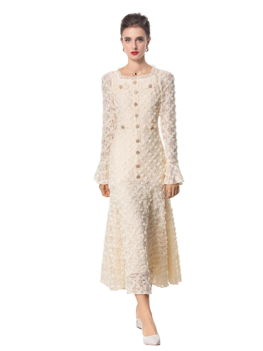 textured lace midi dress with flared sleeves – ESMÉE