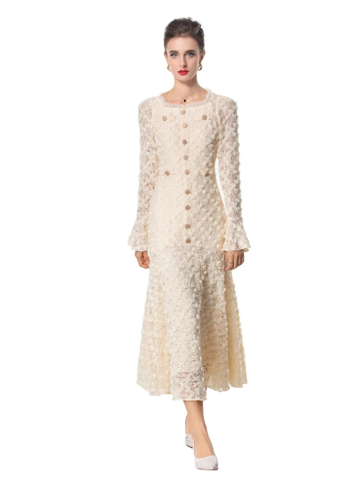 textured lace midi dress with flared sleeves – ESMÉE