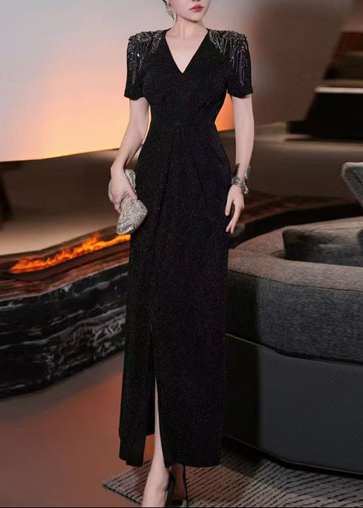 sequin-shoulder evening gown with front slit – NOIRÉ