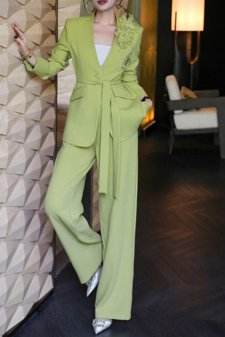 tailored wide-leg suit with floral shoulder accent – LIMEA