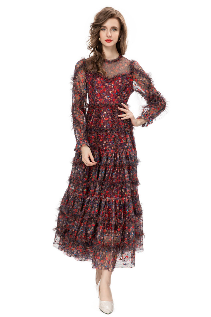 floral mesh tiered gown with sheer sleeves – VIVIENNE