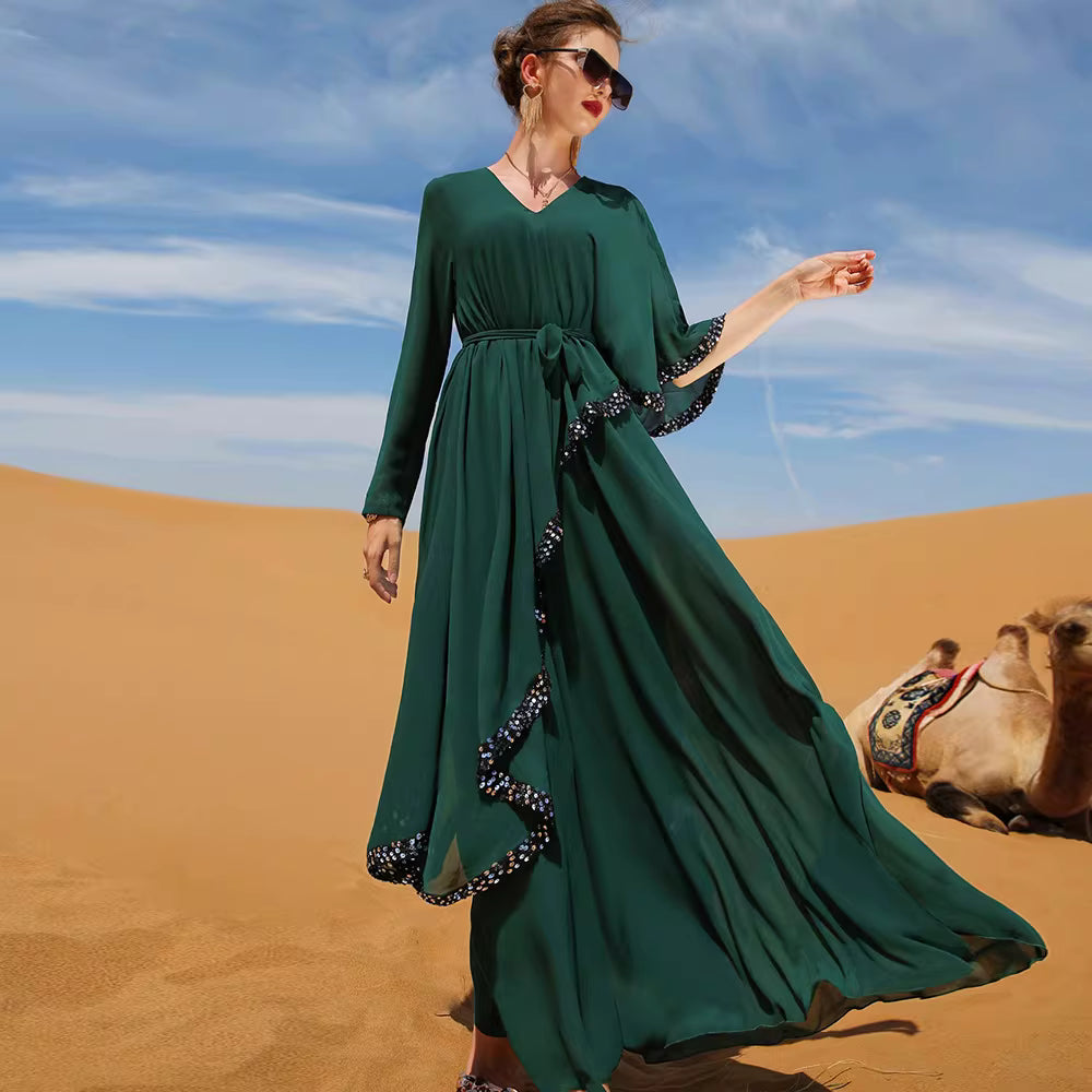 Elegant Long Sleeve Maxi Dress with Waist Tie – RAYEN