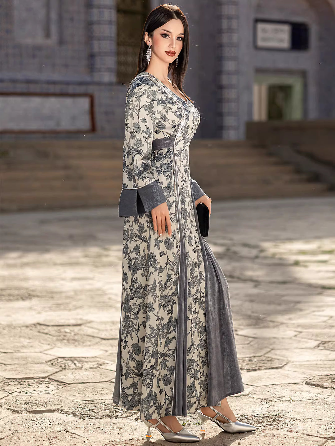 Printed Maxi Dress with Flared Sleeves and V-Neck – AURELLE