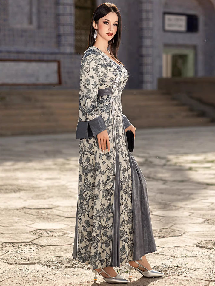 Printed Maxi Dress with Flared Sleeves and V-Neck – AURELLE